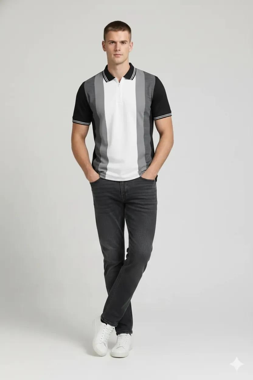 Men Black Colourblocked Polo Collar T-shirt