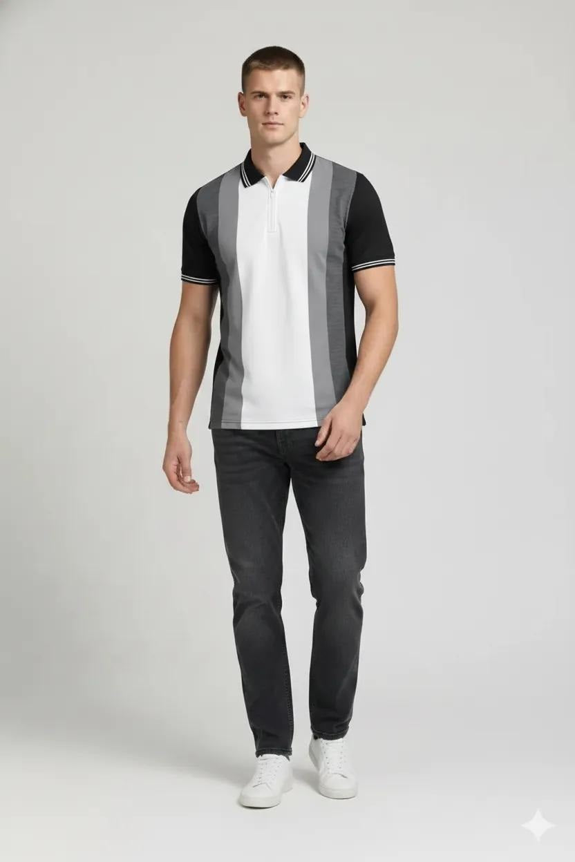 Men Black Colourblocked Polo Collar T-shirt
