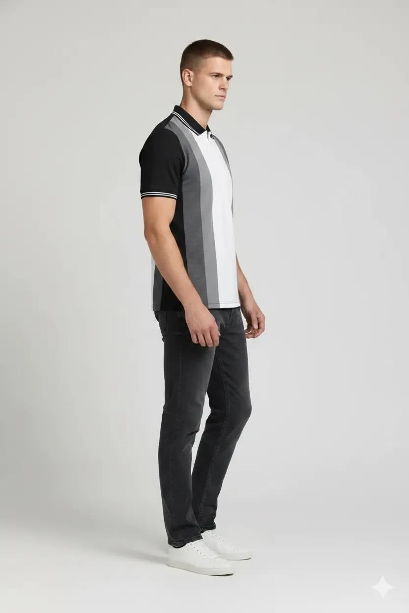 Men Black Colourblocked Polo Collar T-shirt