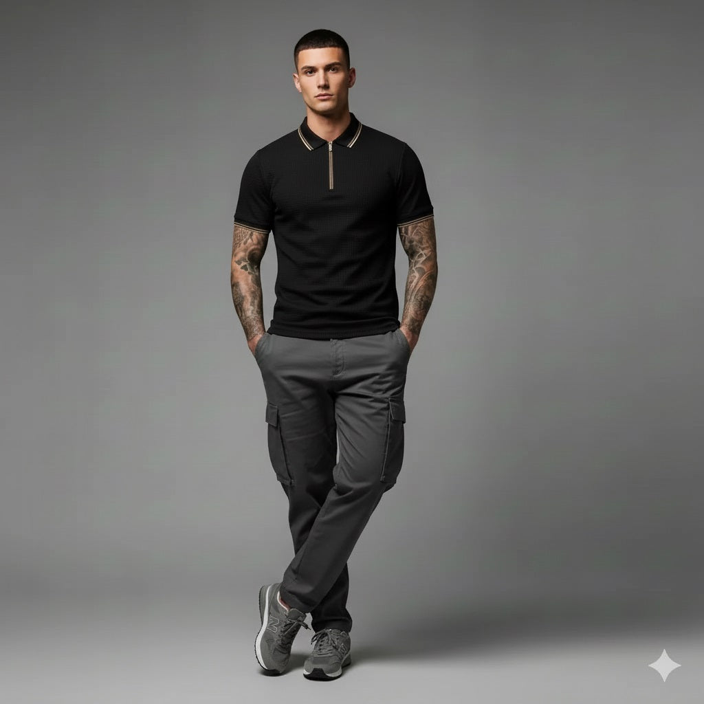 Men Black Sold Polo Collar T-shirt