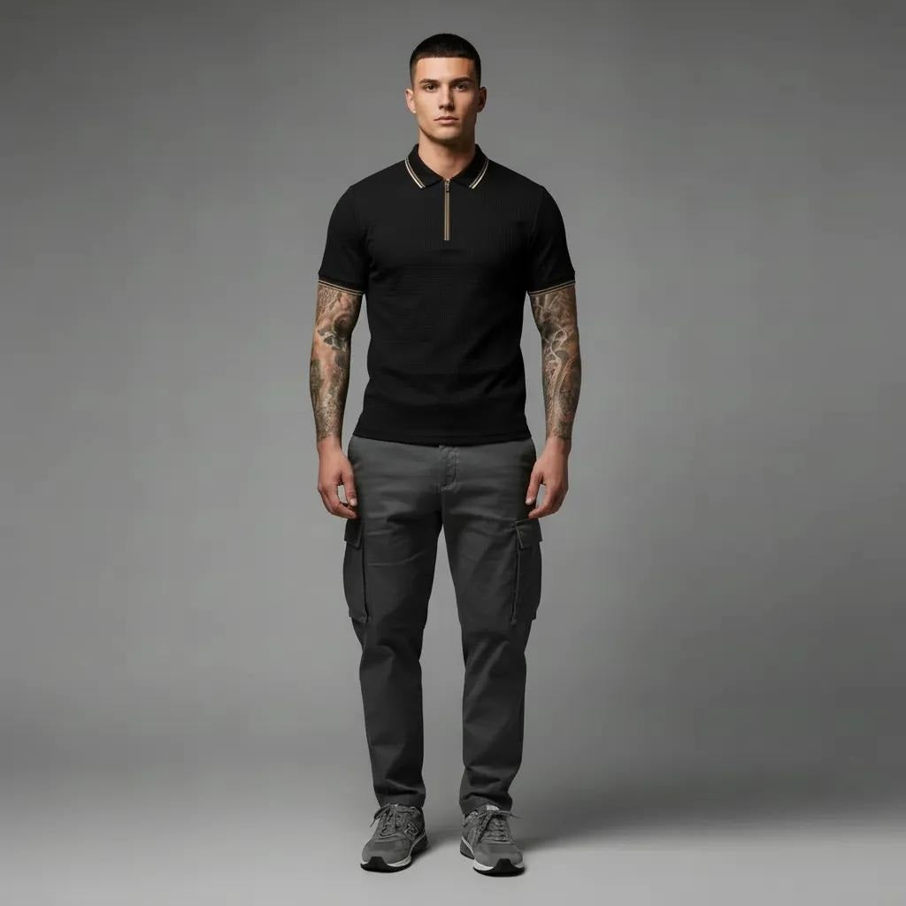 Men Black Sold Polo Collar T-shirt