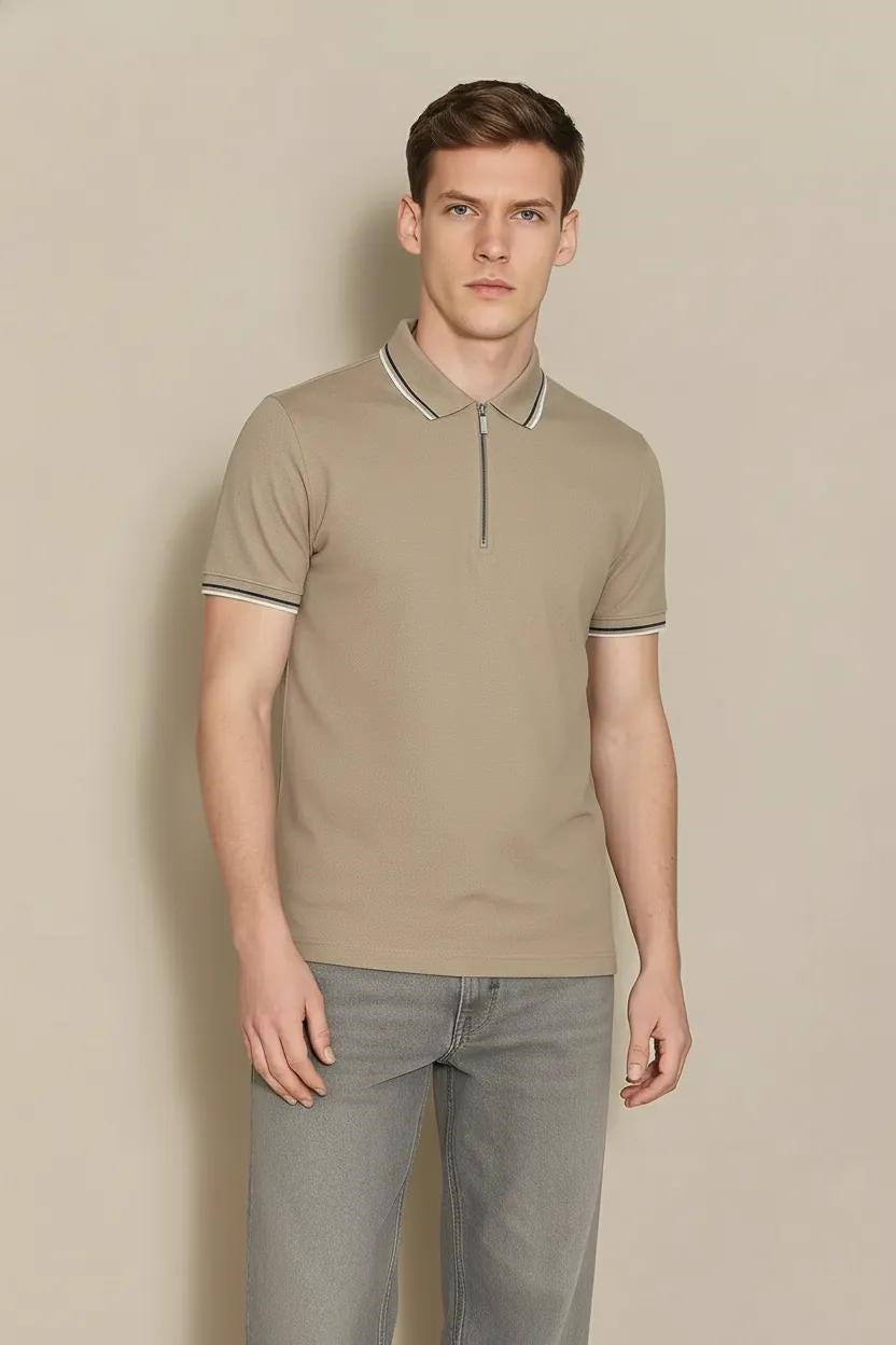 Men Khaki Sold Polo Collar T-shirt