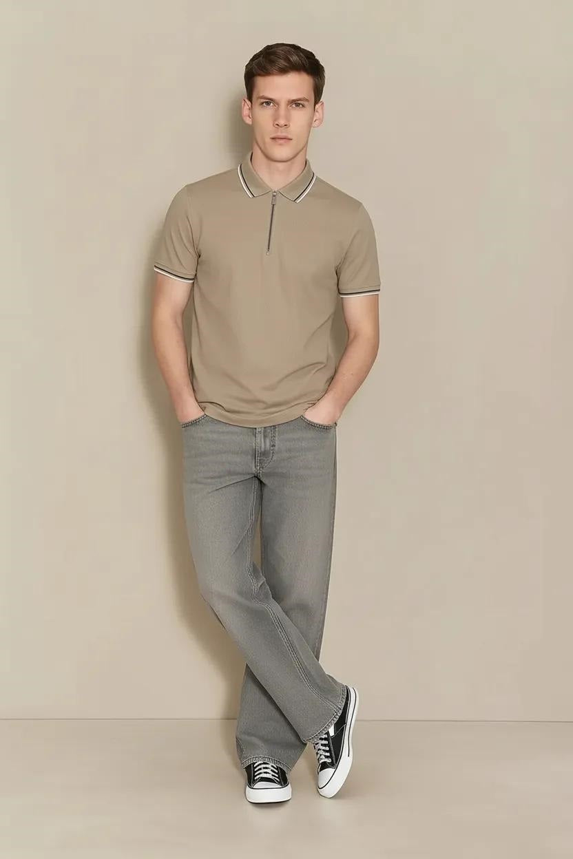 Men Khaki Sold Polo Collar T-shirt