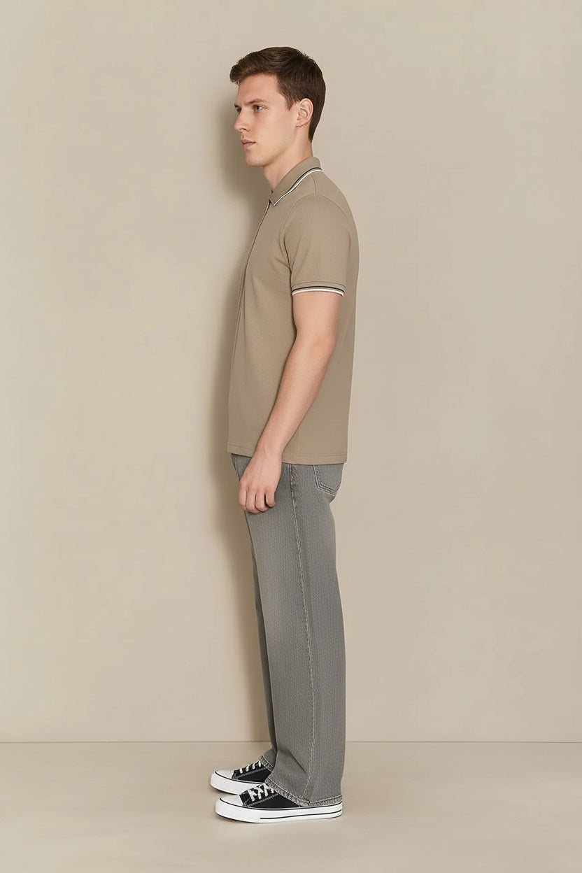 Men Khaki Sold Polo Collar T-shirt