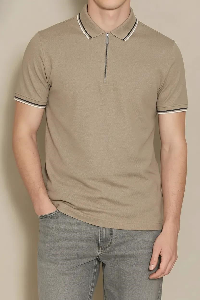 Men Khaki Sold Polo Collar T-shirt