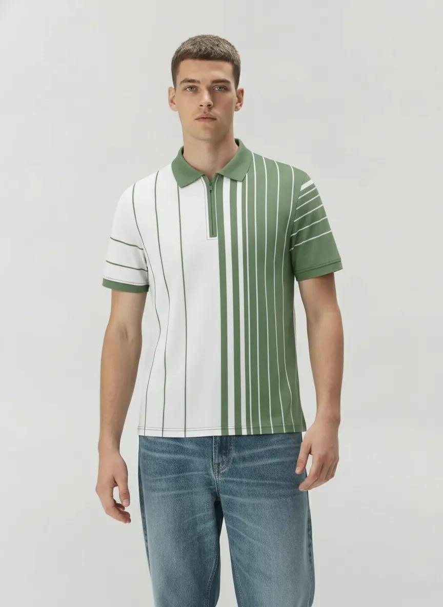 Men Oil Green Colourblocked Polo Collar T-shirt