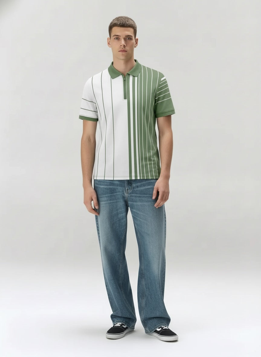 Men Oil Green Colourblocked Polo Collar T-shirt