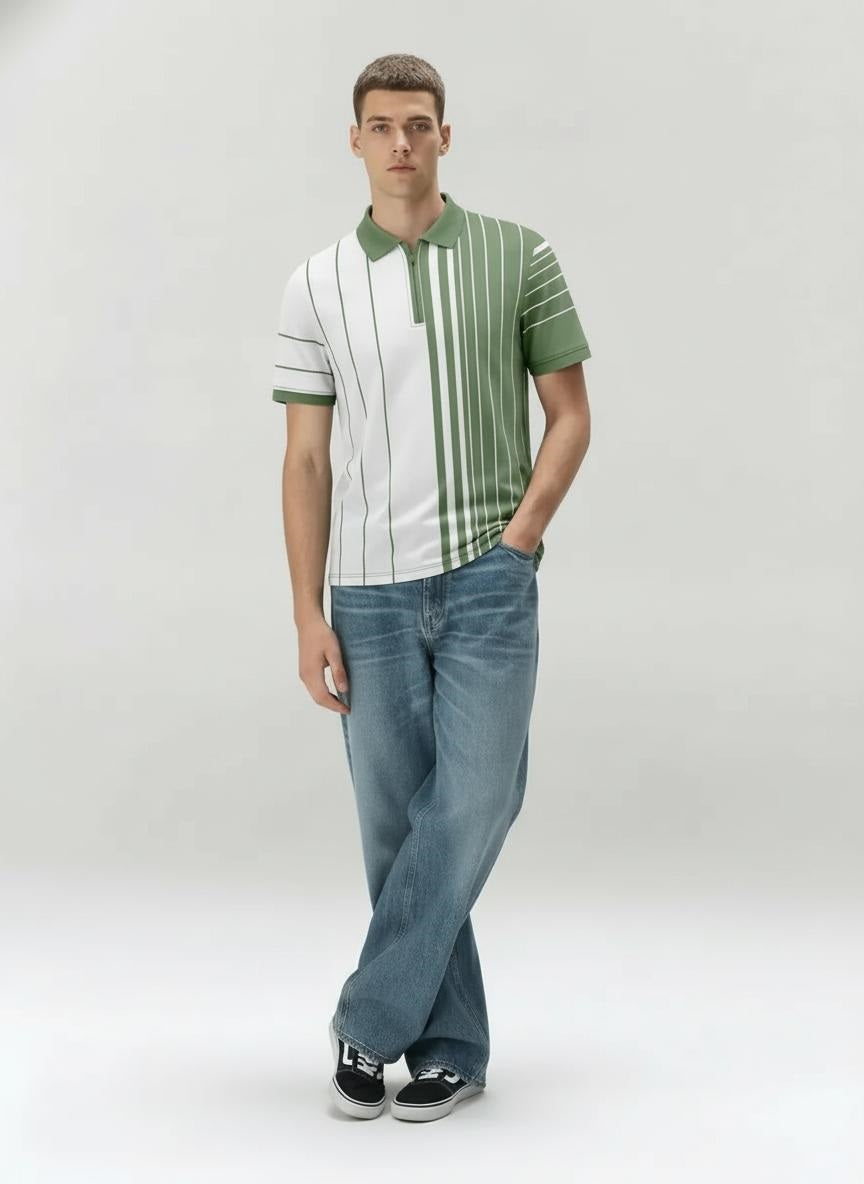 Men Oil Green Colourblocked Polo Collar T-shirt