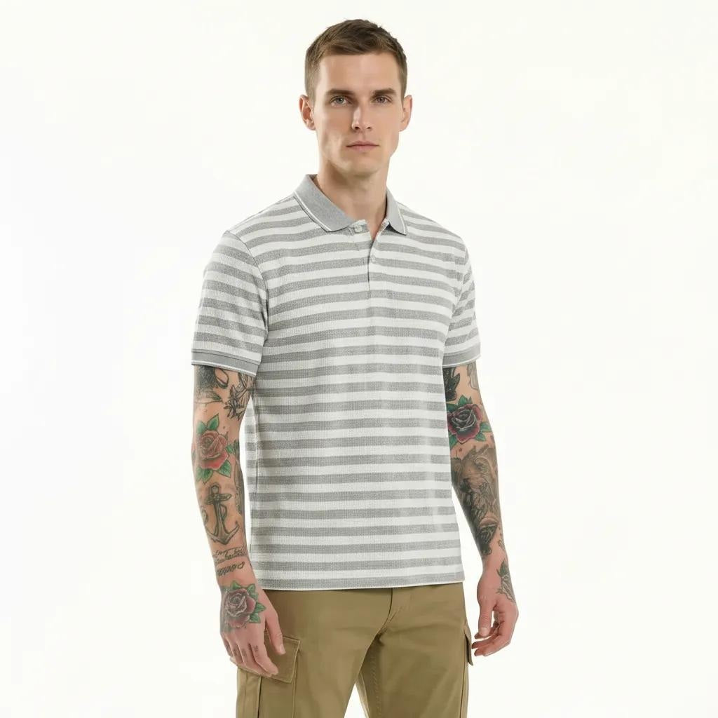 Octave Men Grey Melange Striped Polo Collar T-shirt