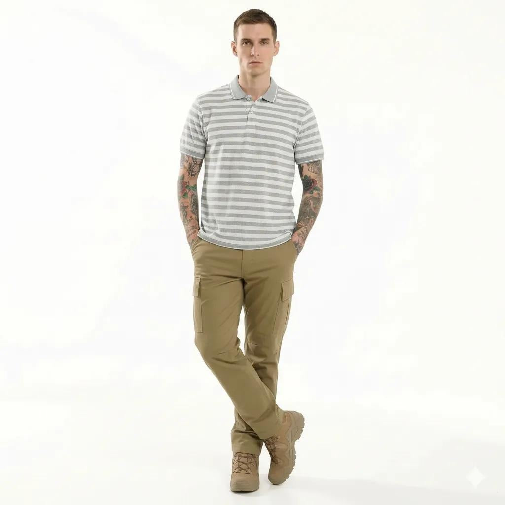 Octave Men Grey Melange Striped Polo Collar T-shirt