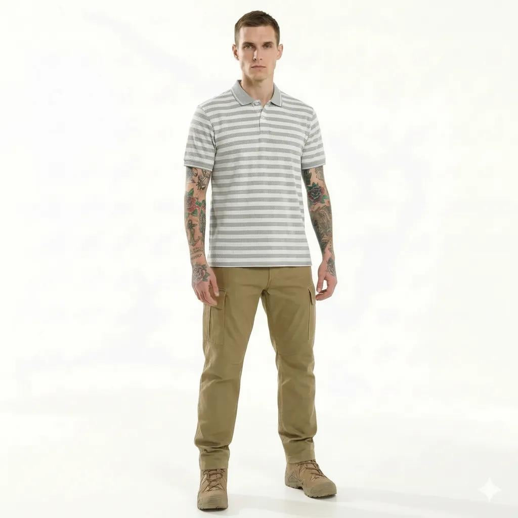 Octave Men Grey Melange Striped Polo Collar T-shirt