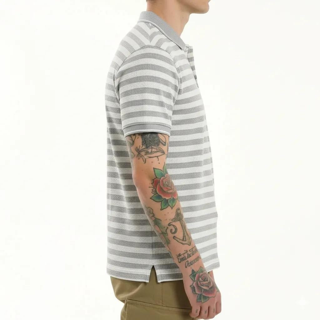 Octave Men Grey Melange Striped Polo Collar T-shirt