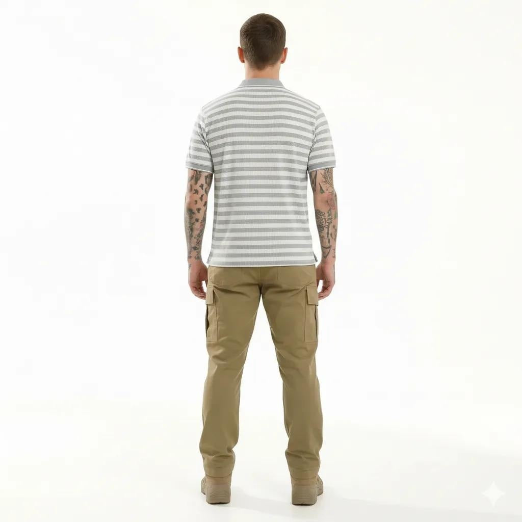 Octave Men Grey Melange Striped Polo Collar T-shirt