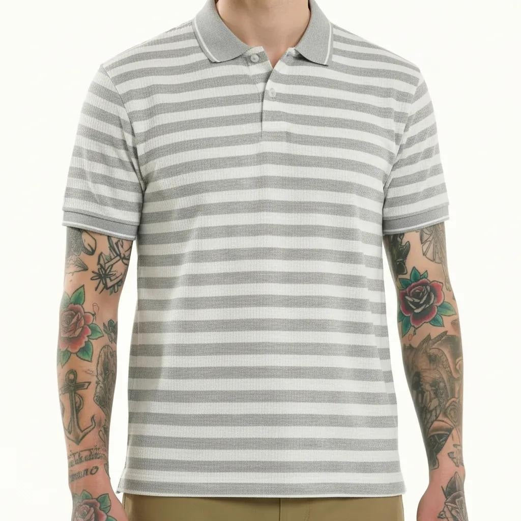 Octave Men Grey Melange Striped Polo Collar T-shirt