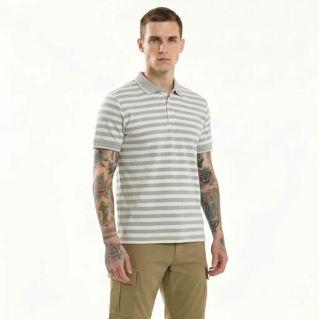 Octave Men Linen Melange Striped Polo Collar T-shirt