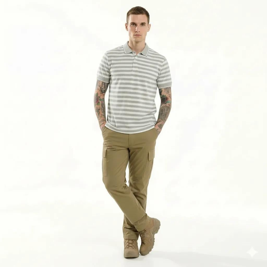 Octave Men Linen Melange Striped Polo Collar T-shirt