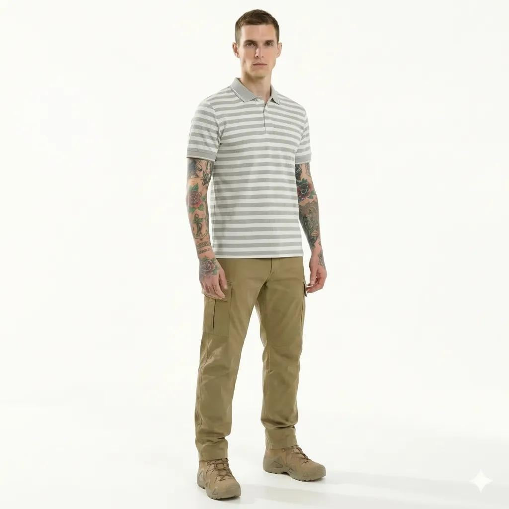 Octave Men Linen Melange Striped Polo Collar T-shirt