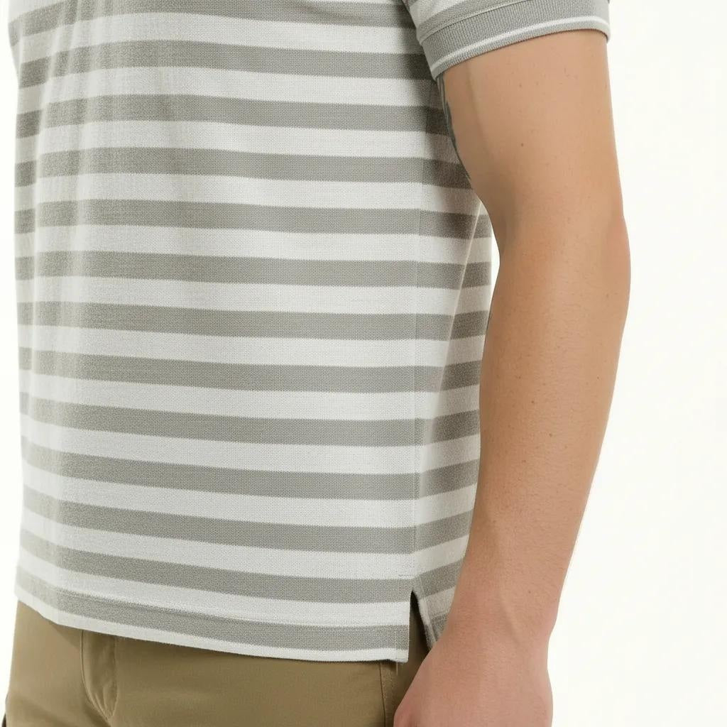 Octave Men Linen Melange Striped Polo Collar T-shirt