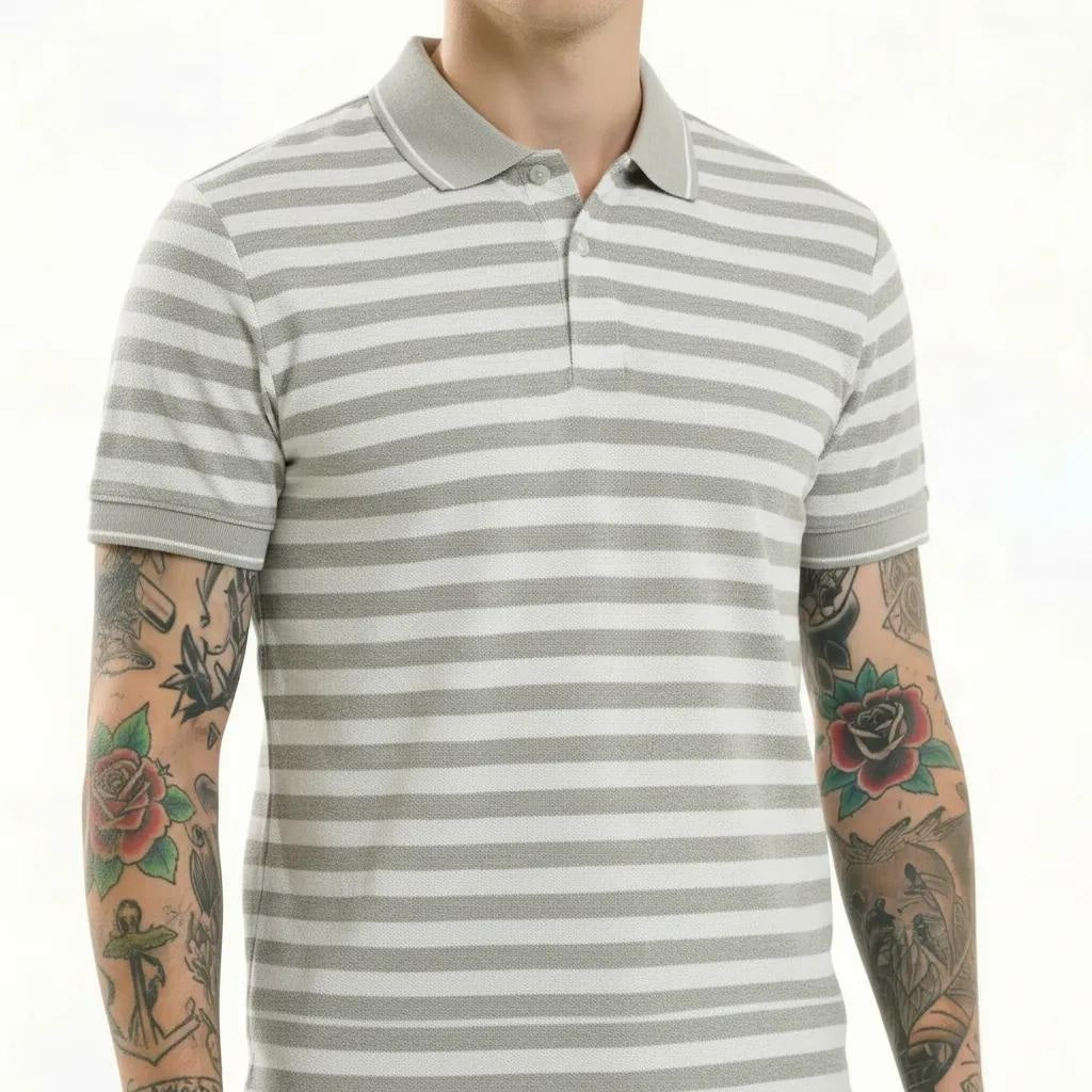 Octave Men Linen Melange Striped Polo Collar T-shirt