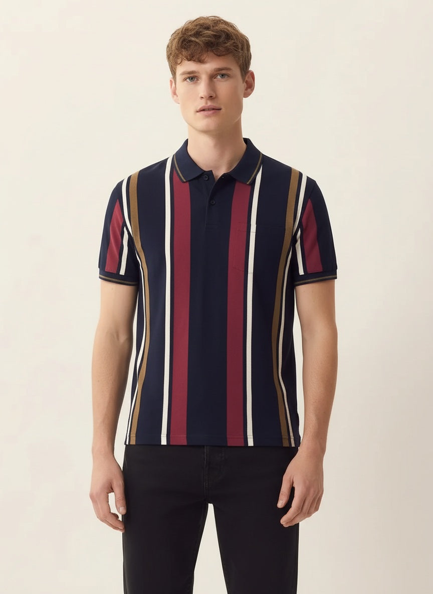 Men Navy Striped Polo Collar T-shirt