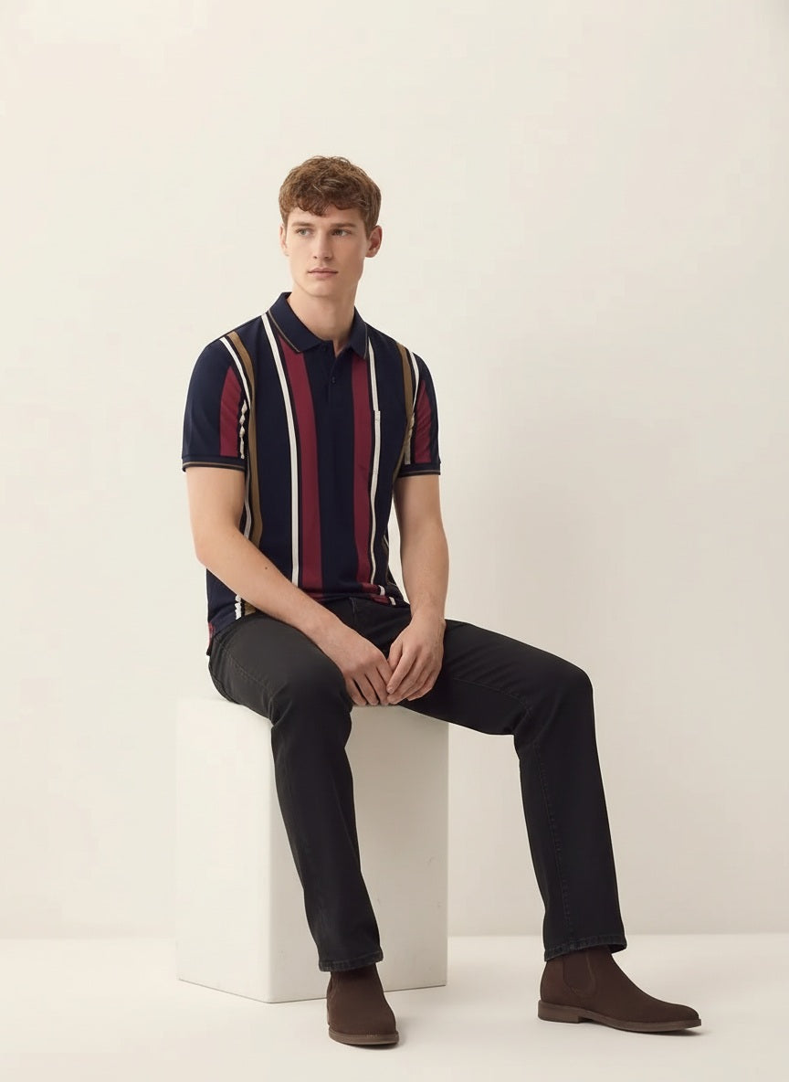 Men Navy Striped Polo Collar T-shirt