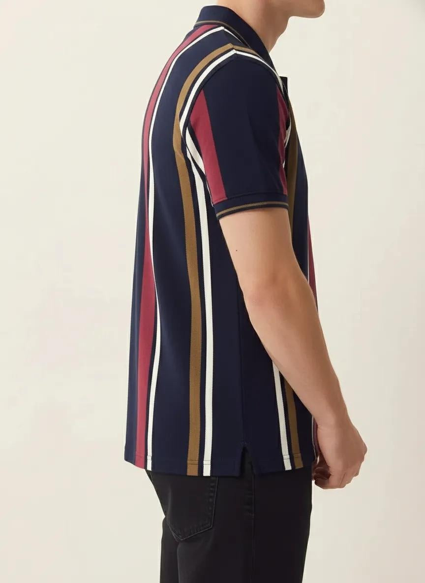 Men Navy Striped Polo Collar T-shirt