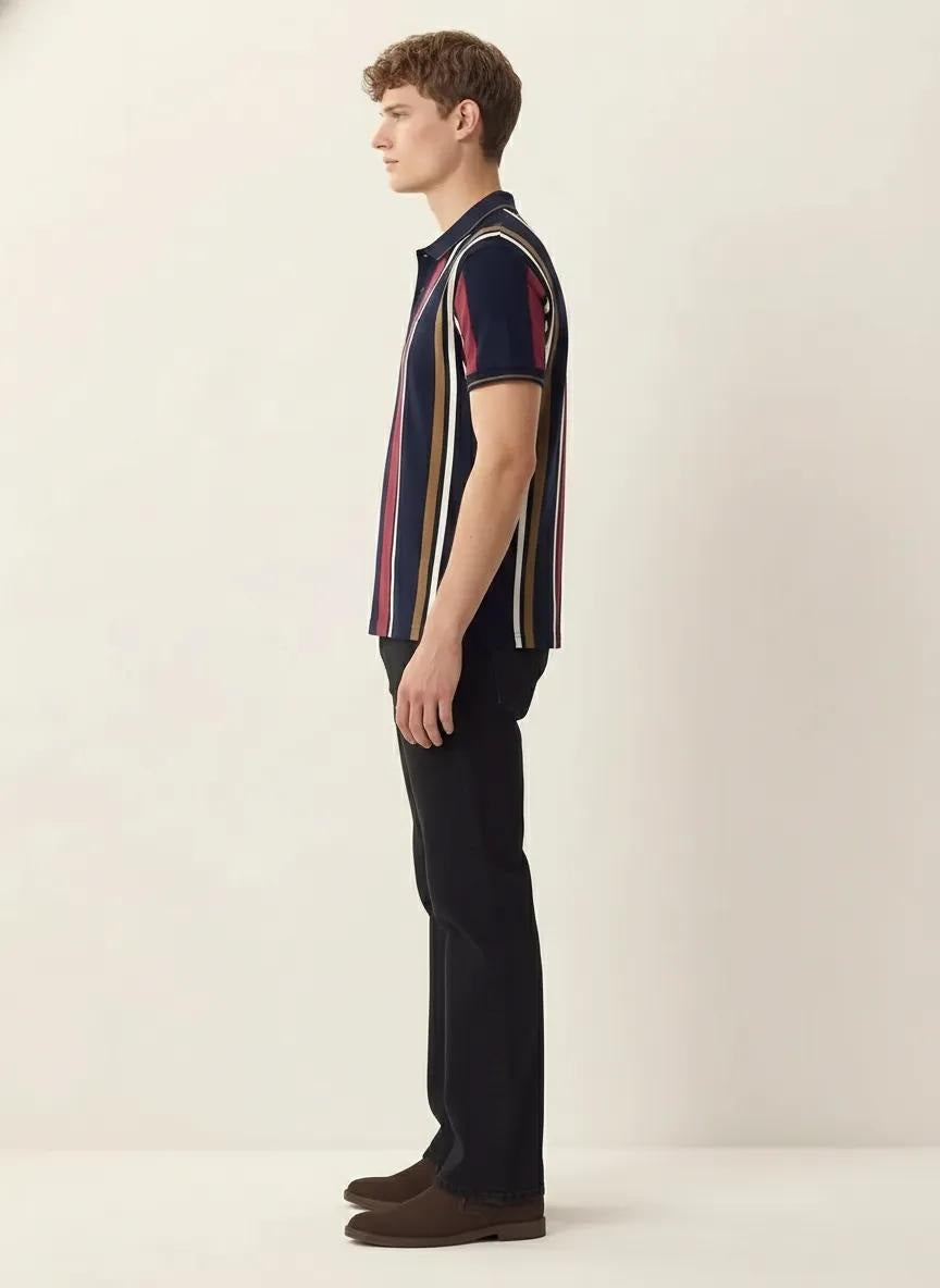 Men Navy Striped Polo Collar T-shirt