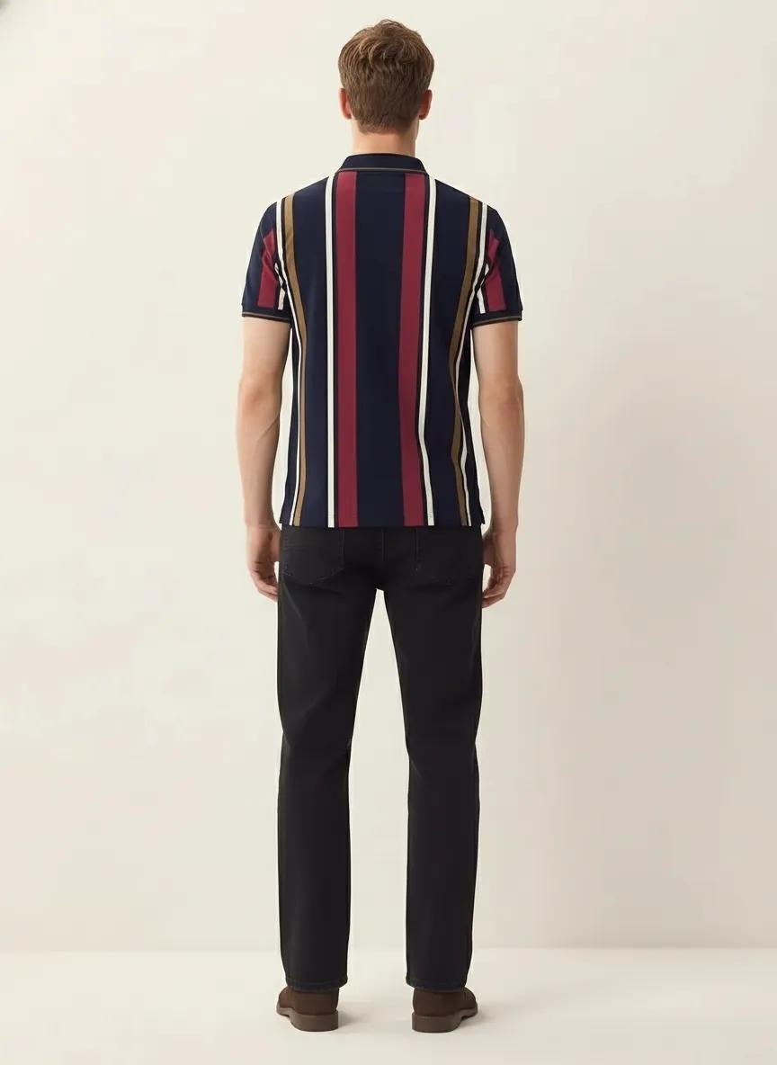 Men Navy Striped Polo Collar T-shirt