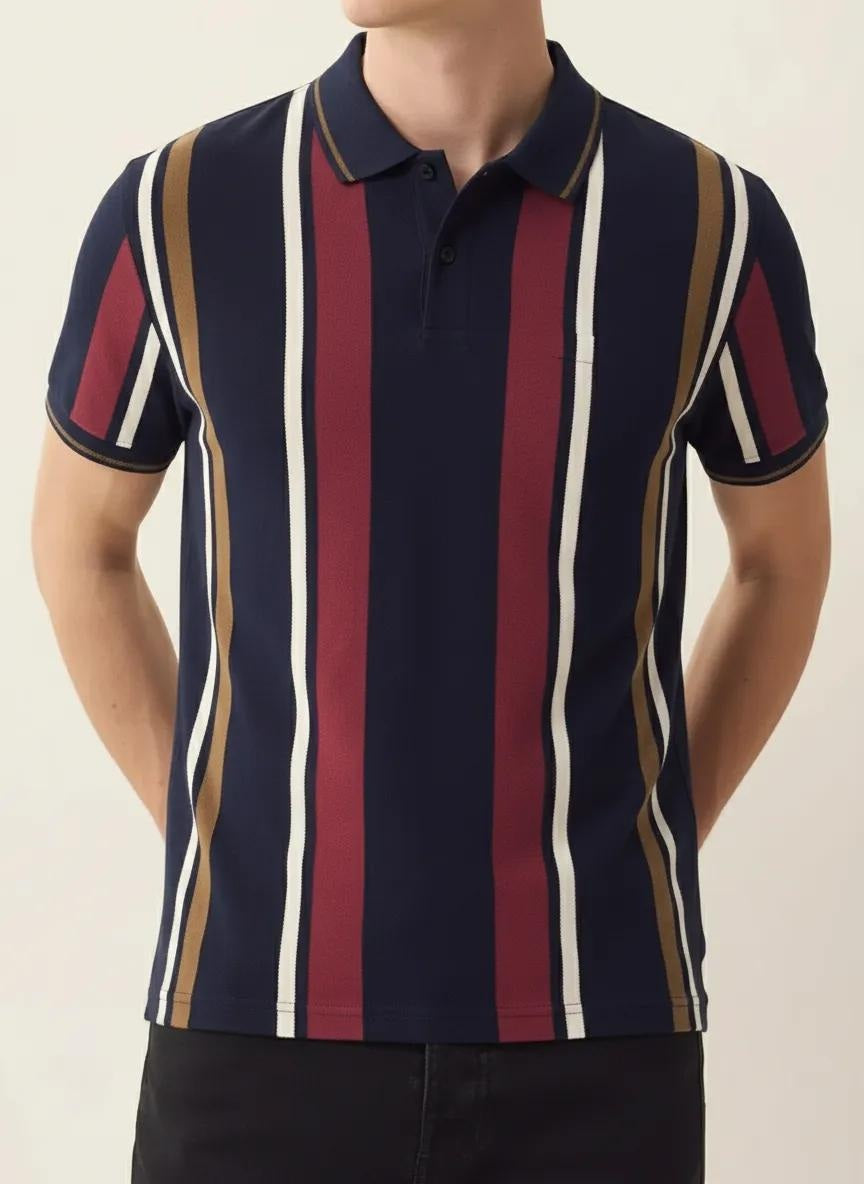 Men Navy Striped Polo Collar T-shirt