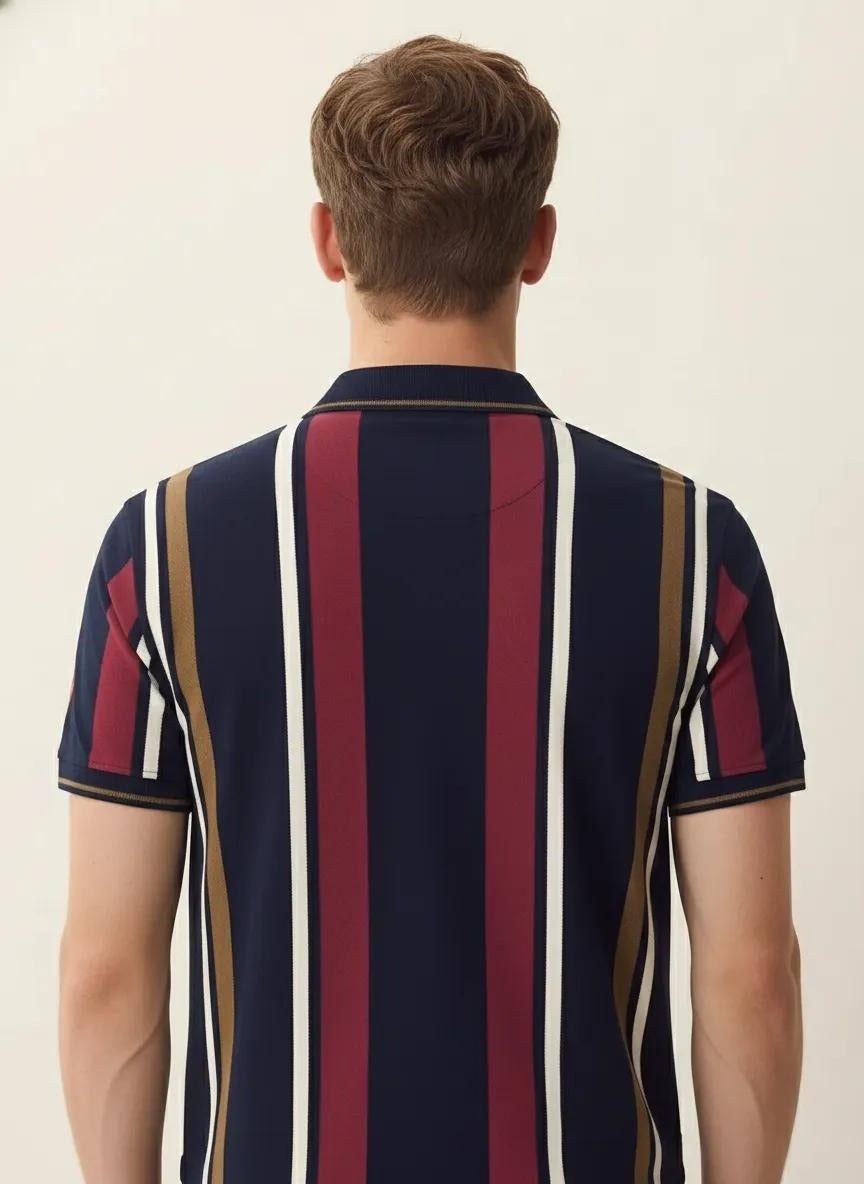 Men Navy Striped Polo Collar T-shirt