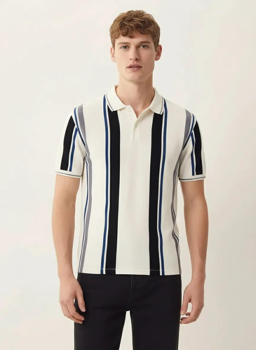 Men Off White Striped Polo Collar T-shirt
