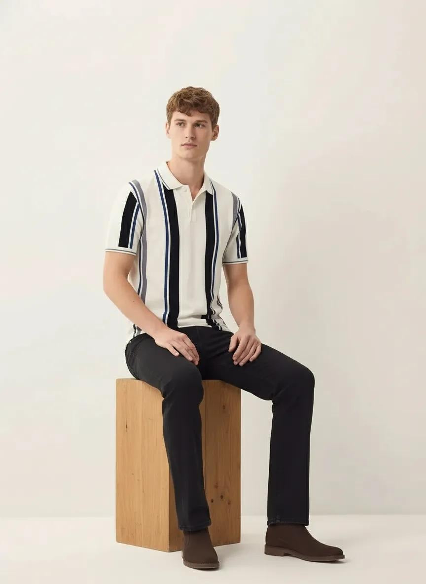 Men Off White Striped Polo Collar T-shirt
