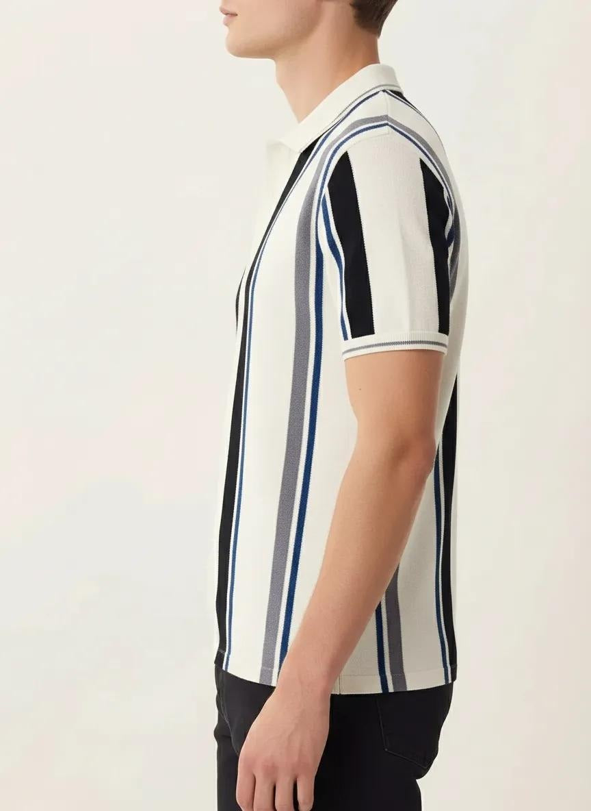 Men Off White Striped Polo Collar T-shirt