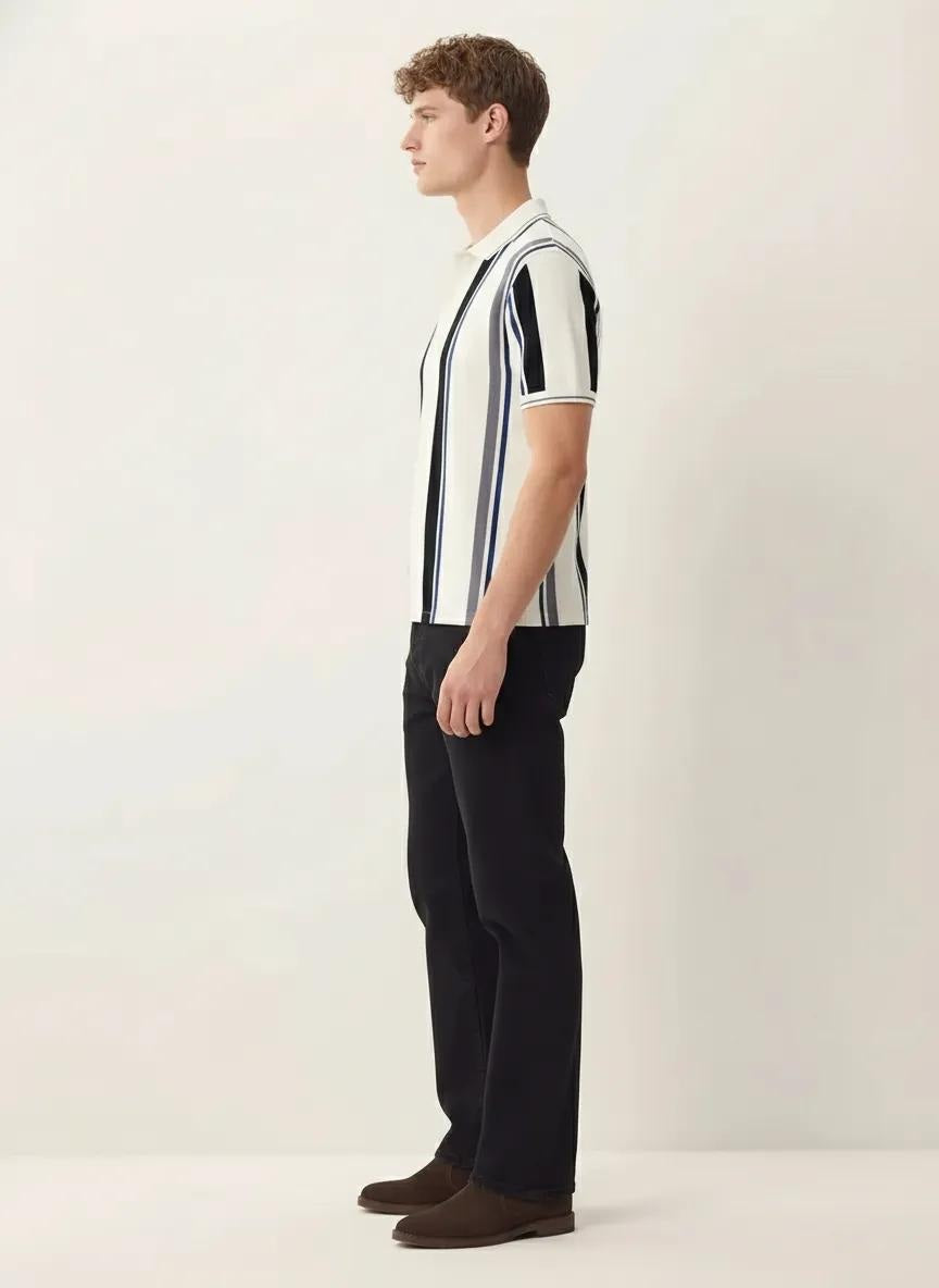 Men Off White Striped Polo Collar T-shirt