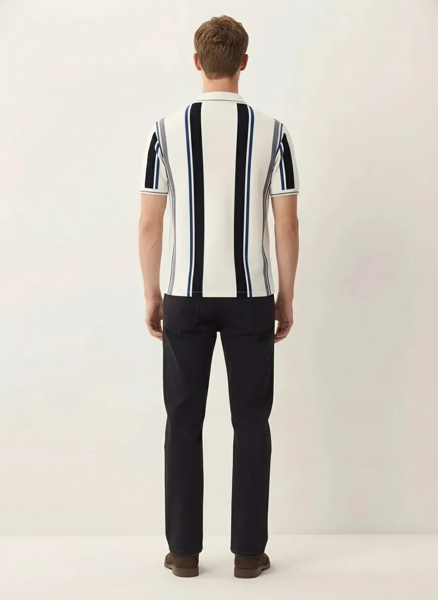 Men Off White Striped Polo Collar T-shirt