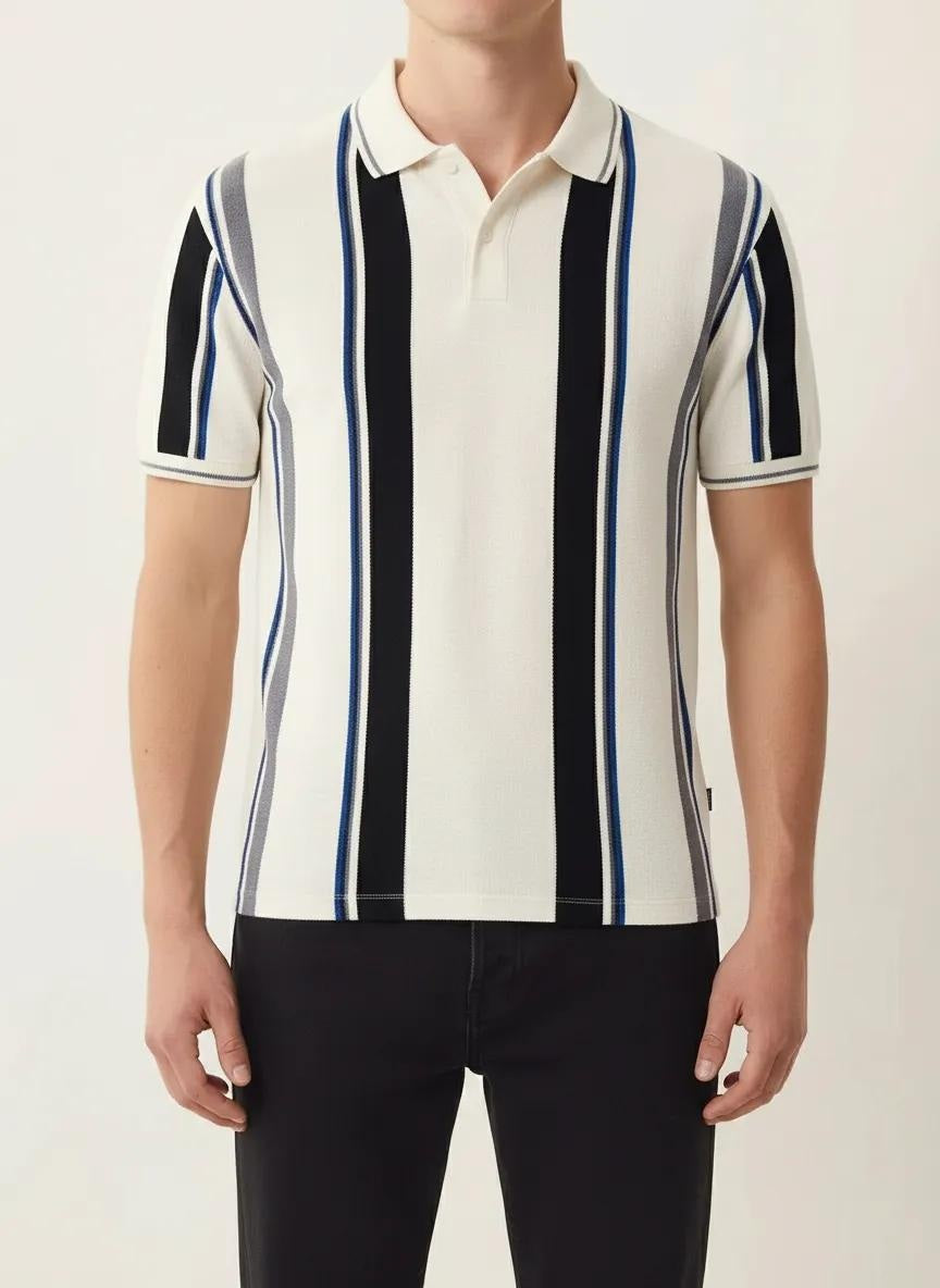 Men Off White Striped Polo Collar T-shirt