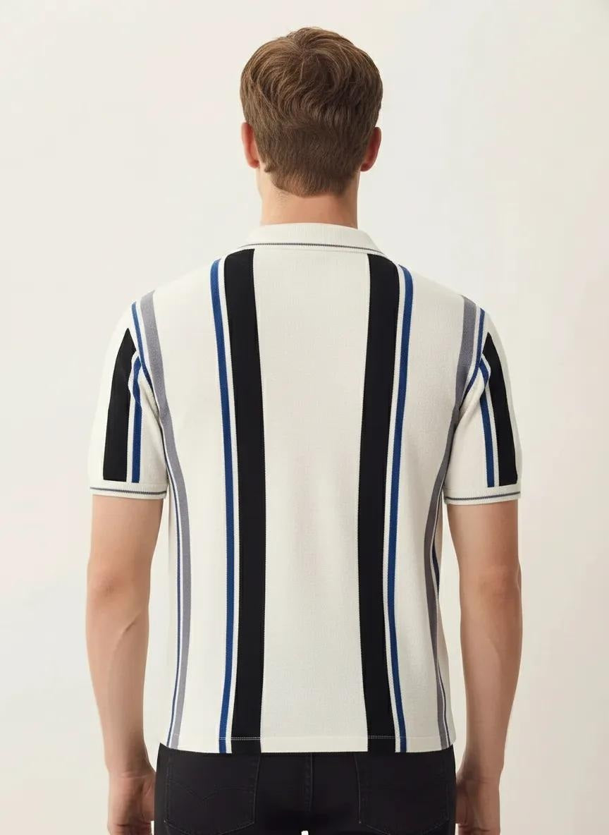 Men Off White Striped Polo Collar T-shirt