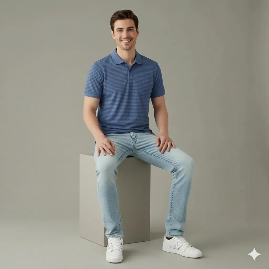 Men Navy Striped Polo Collar Pockets T-shirt