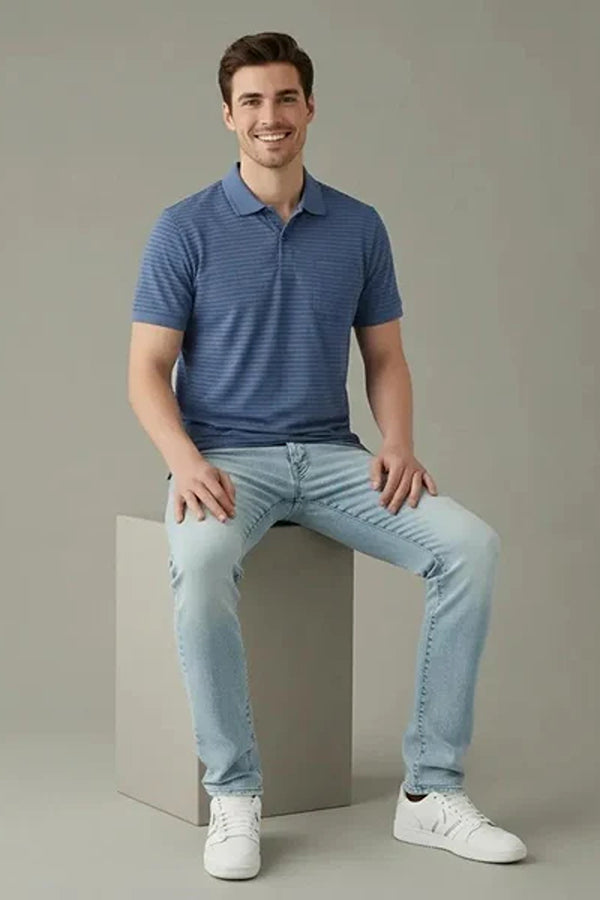 Men Striped Polo Collar Pockets T-shirt