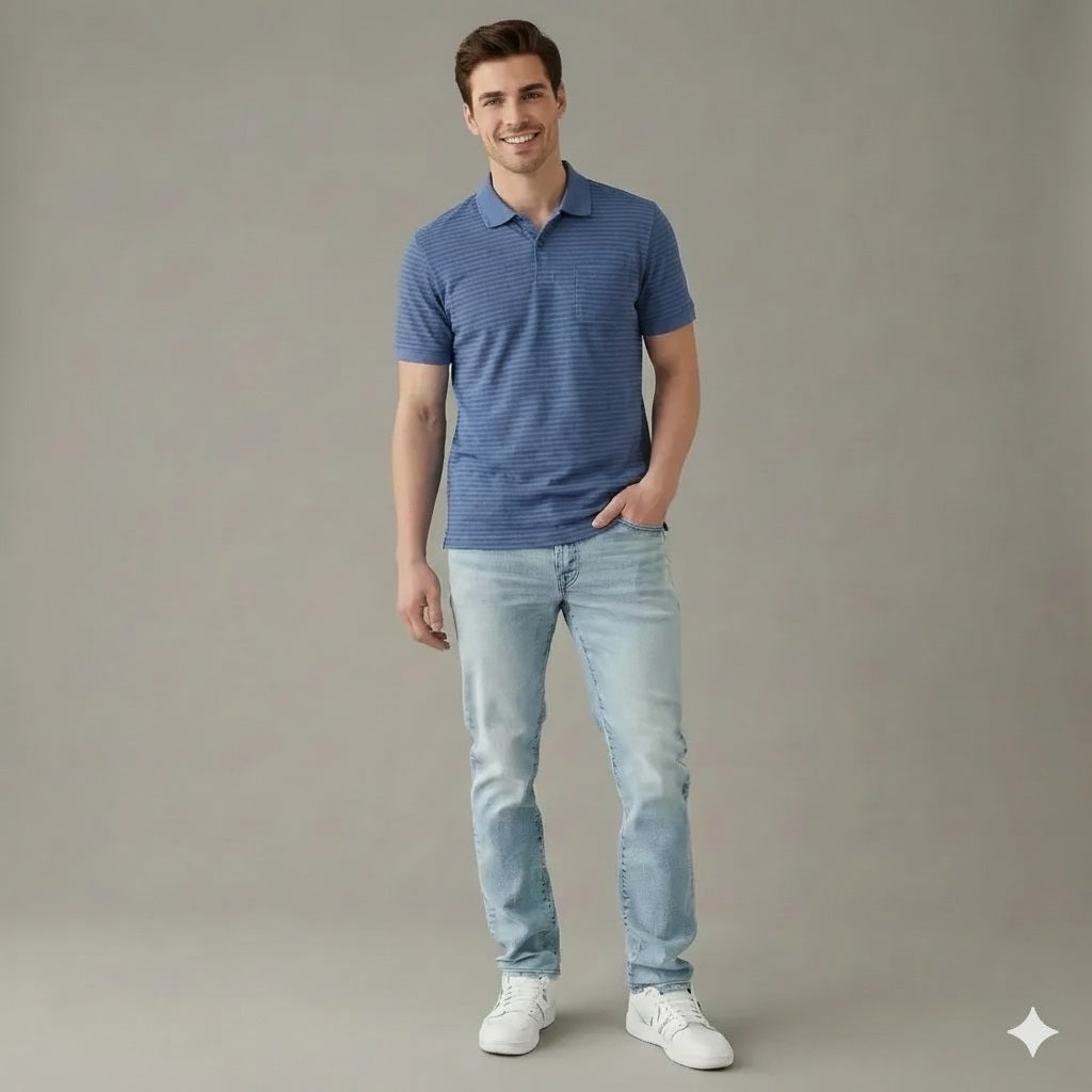 Men Navy Striped Polo Collar Pockets T-shirt