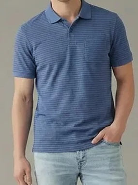 Men Navy Striped Polo Collar Pockets T-shirt