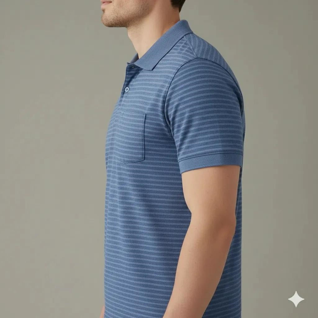 Men Navy Striped Polo Collar Pockets T-shirt