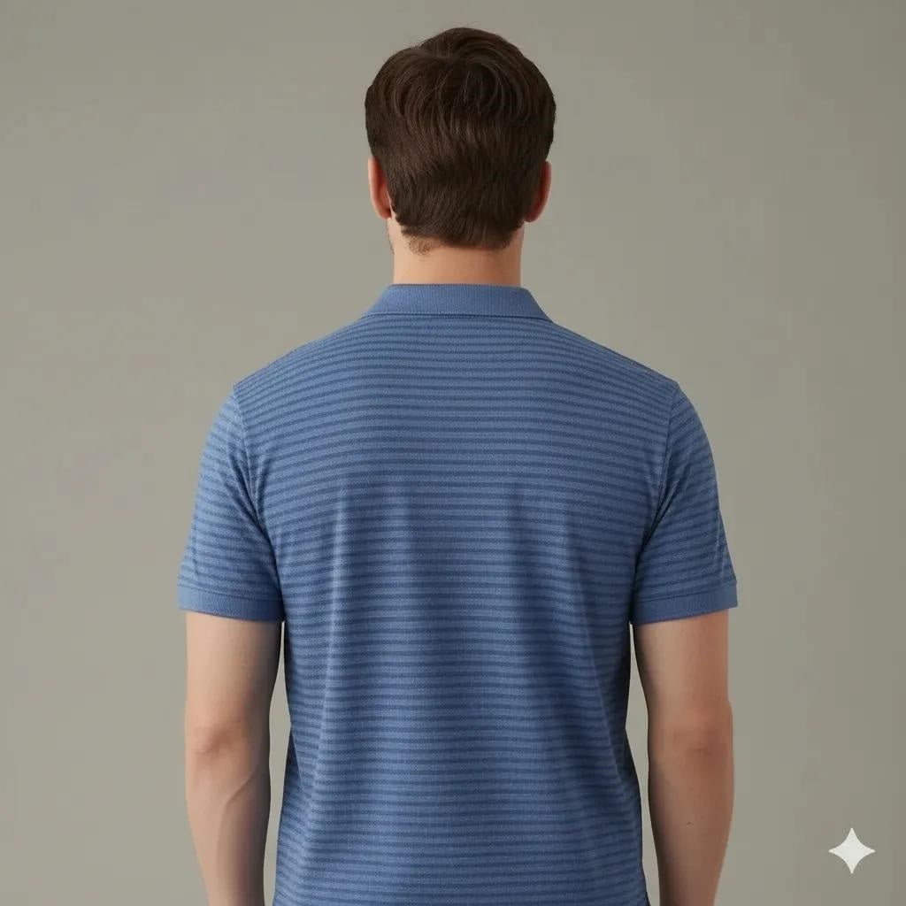Men Navy Striped Polo Collar Pockets T-shirt