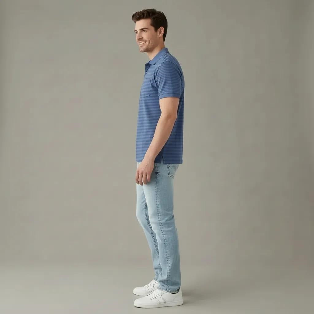 Men Striped Polo Collar Pockets T-shirt