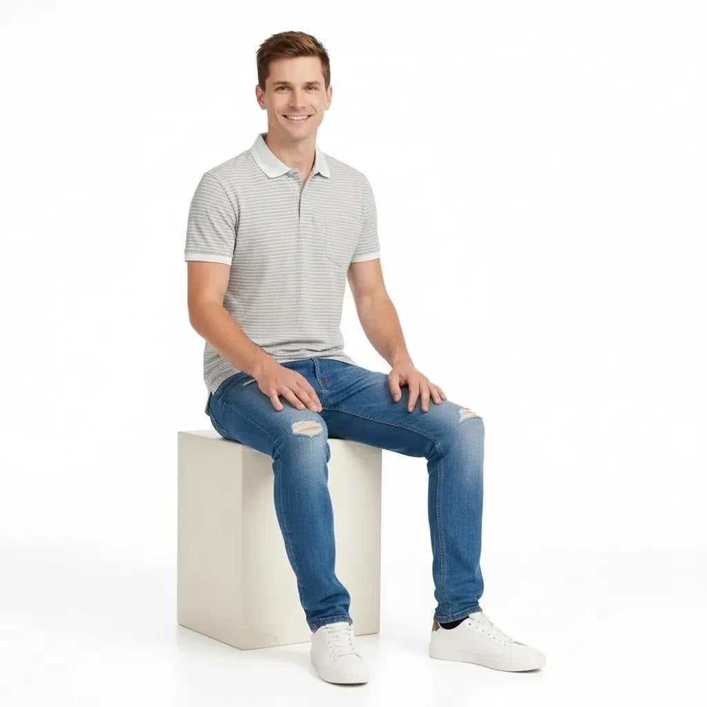 Men Striped Polo Collar Pockets T-shirt