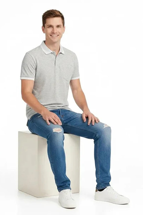 Men Striped Polo Collar Pockets T-shirt