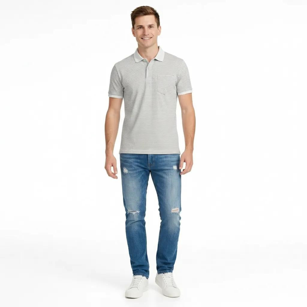 Men Striped Polo Collar Pockets T-shirt