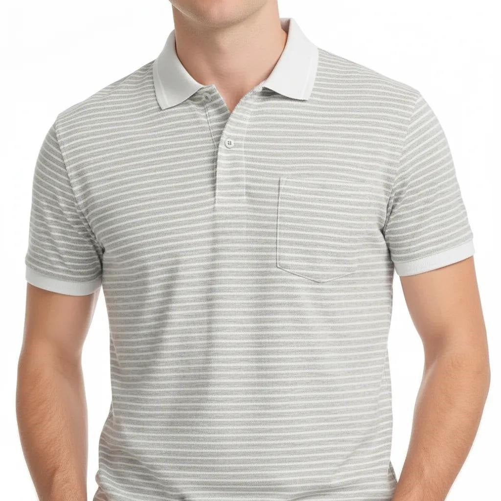 Men Striped Polo Collar Pockets T-shirt