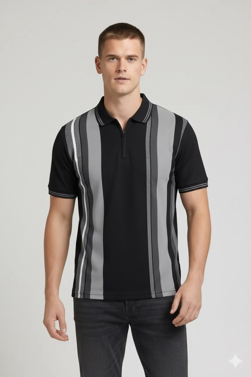 Men Black Colourblocked Polo Collar T-shirt