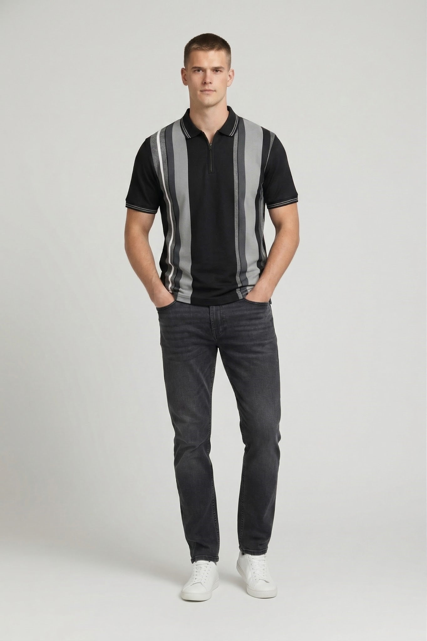 Men Black Colourblocked Polo Collar T-shirt